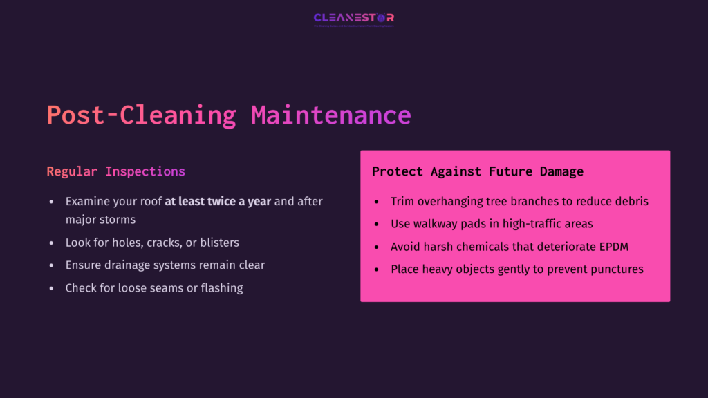6 Post Cleaning Maintenance Text Highlights Maintenance Tips For Epdm Roofs, Featuring A Dark Background, Pink Accents, And Clear, Organized Bullet Points.