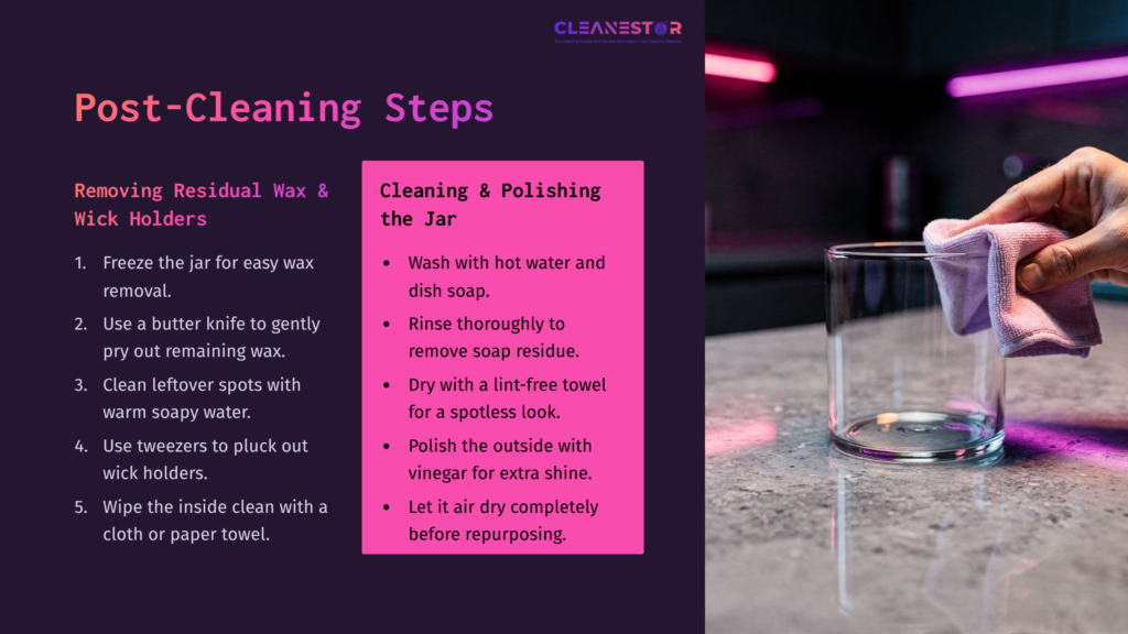 A Clear Glass Candle Jar On A Countertop With A Purple Cloth Wiping It, Alongside Text Detailing Post-Cleaning Steps For Candles.