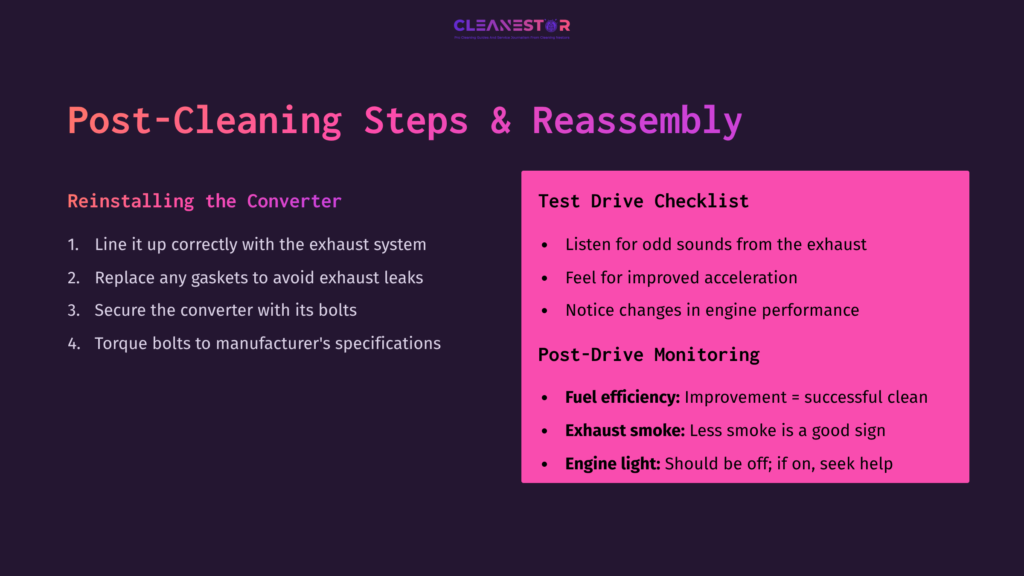 Purple Background With White And Pink Text Outlining Steps And Checklist For Cleaning And Reassembling A Catalytic Converter, With Clear Headings And Bullet Points.