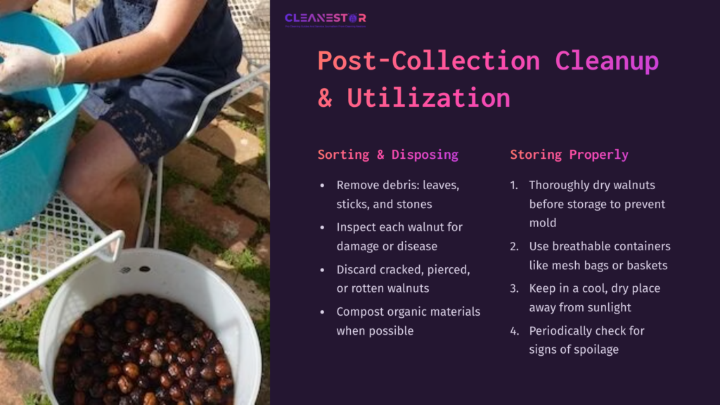 Person Sorting Walnuts In A Basket, With A Focus On Removing Debris And Inspecting For Damage. Purple And White Text On The Right Outlines Cleanup Tips.