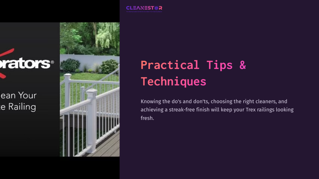 A Well-Maintained Trex Railing In White, Overlooking A Green Garden, With Tips On Cleaning Displayed In Pink Text On A Dark Background.