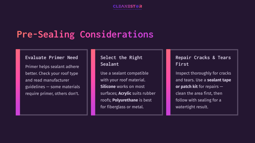 Three Purple Boxes Highlight Pre-Sealing Considerations For Rv Roofs: Evaluating Primer Need, Selecting The Right Sealant, And Repairing Cracks First.