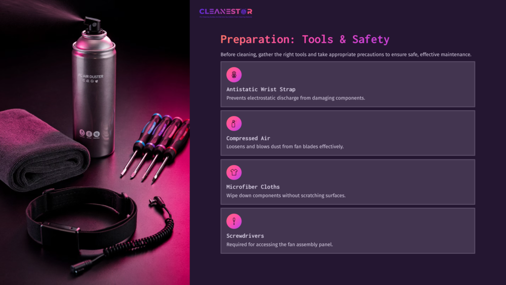 A Can Of Compressed Air, Tools Including Screwdrivers And Microfiber Cloths, With A Black Towel On A Gradient Purple Background.