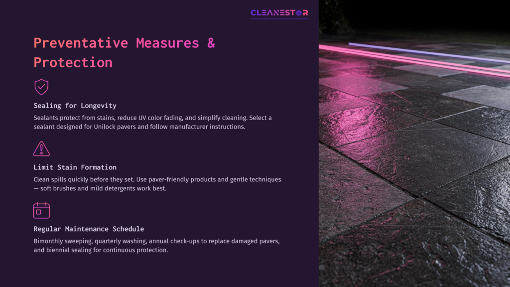 6 Preventative Measures And Protection A Dark Paver Surface With Pink And Purple Lighting, Featuring Text On Preventative Measures For Maintaining Pavers.