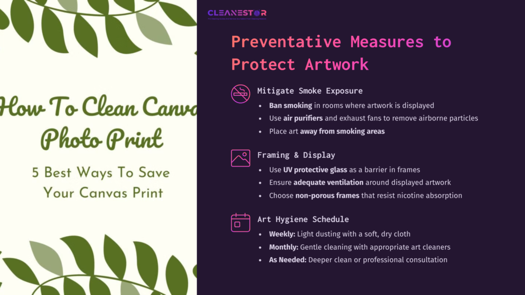 Text-Heavy Graphic With A White Background On The Left Detailing Cleaning Tips, And A Purple Section On The Right With Preventive Measures For Protecting Artwork, Adorned With Green Leaf Motifs.