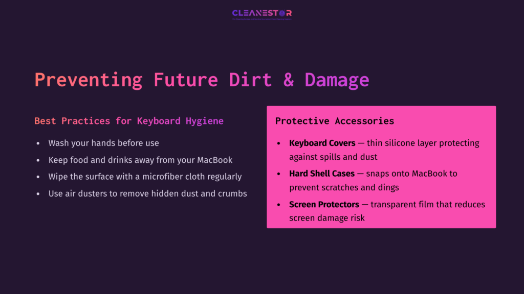 A Dark Purple Background With Text In White And Pink Outlining Best Practices For Keyboard Hygiene And Protective Accessories For Macbook.
