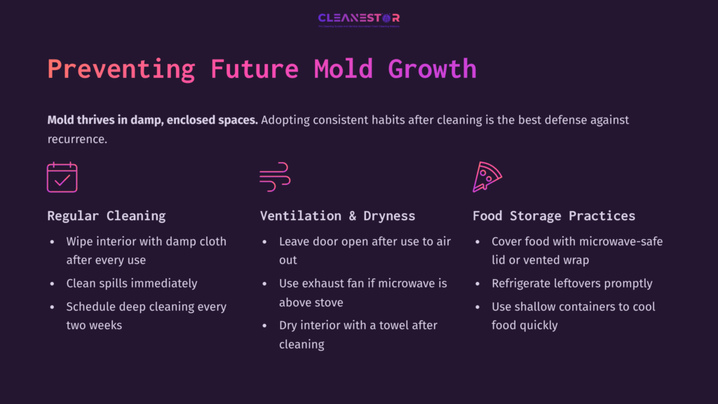 6 Preventing Future Mold Growth Text On A Dark Purple Background Emphasizing Mold Prevention Methods: Regular Cleaning, Ventilation, And Food Storage Tips Illustrated With A Pizza Icon.
