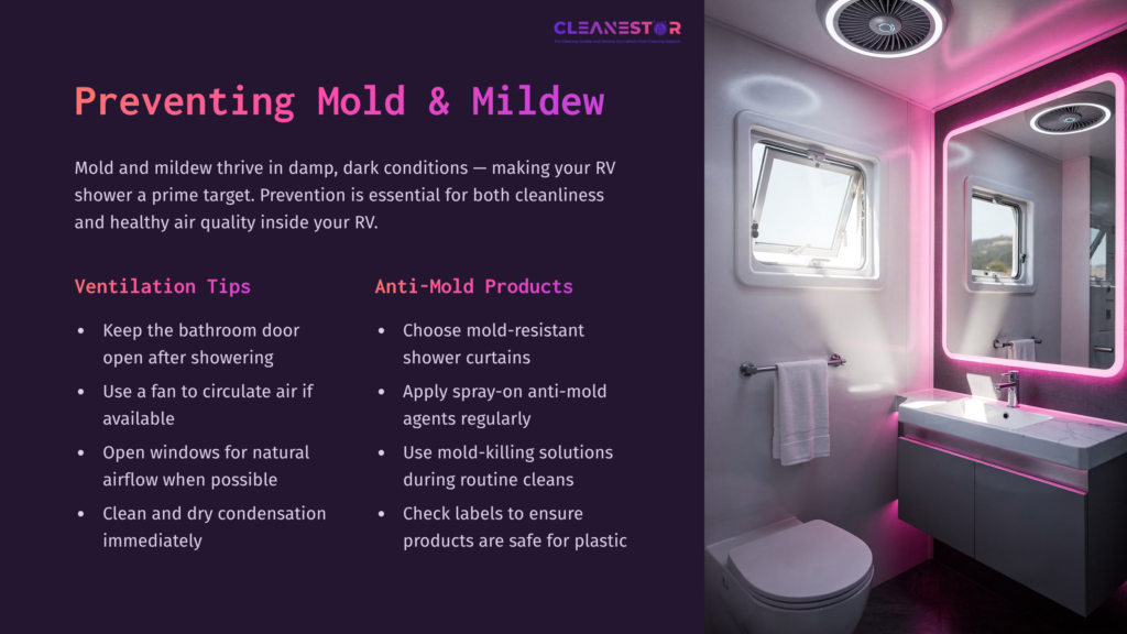 Bright And Modern Rv Bathroom With A Shower, Featuring Pink Ambient Lighting, Tips For Preventing Mold, And A Clean Layout.