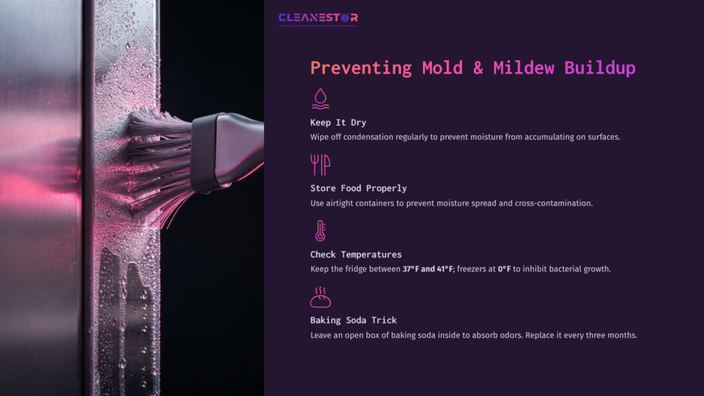 A Fridge Door Partially Open With Water Droplets; A Brush Is Cleaning The Interior. Text Highlights Tips For Preventing Mold And Mildew.