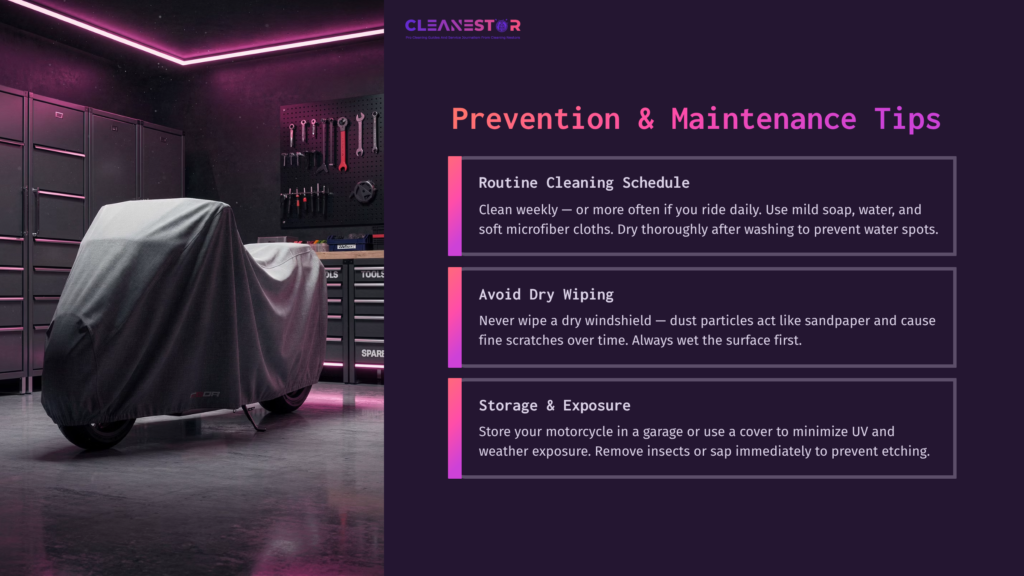 6 Prevention And Maintenance Tips A Motorcycle Covered With A Protective Cover Sits In A Garage, Surrounded By Tools And A Purple-Lit Backdrop.