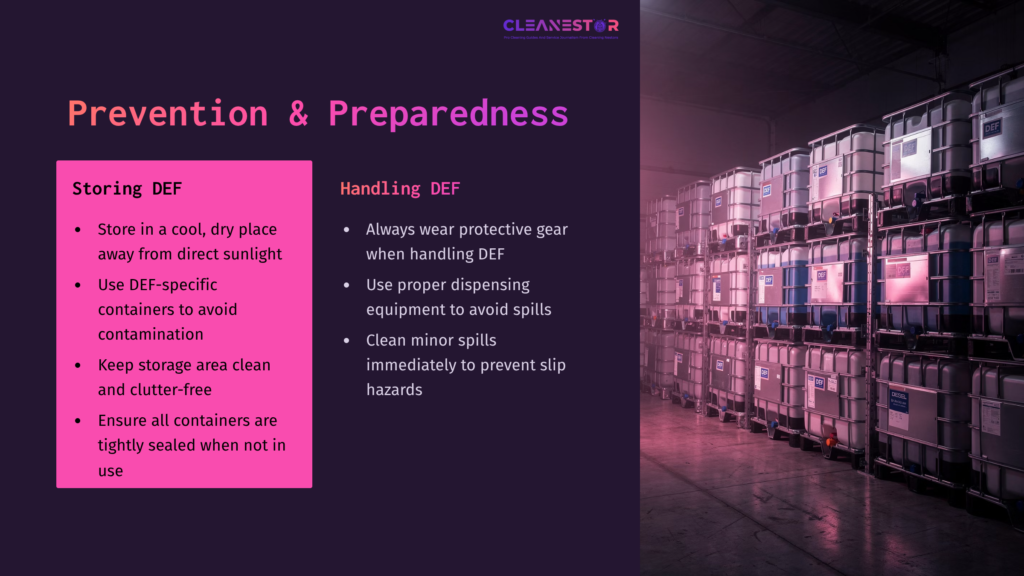 Warehouse Setting With Rows Of Clear Containers Filled With Def Fluid. Pink And Purple Text Outlines Safety Tips For Storing And Handling Def.