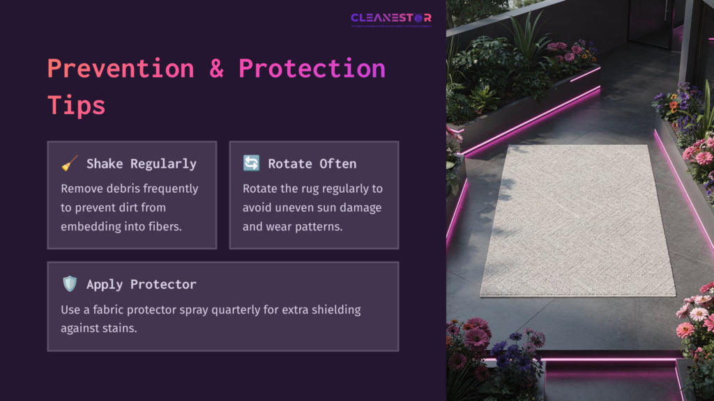 A Light-Colored Outdoor Rug On A Stylish Patio With Vibrant Flowers And Illuminated Edges, Accompanied By Tips On Rug Care.