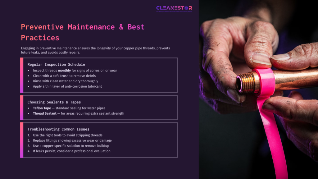 A Hands-On View Of A Person Cleaning Copper Pipe Threads With Pink Tape, Alongside Tips For Maintenance And Troubleshooting.