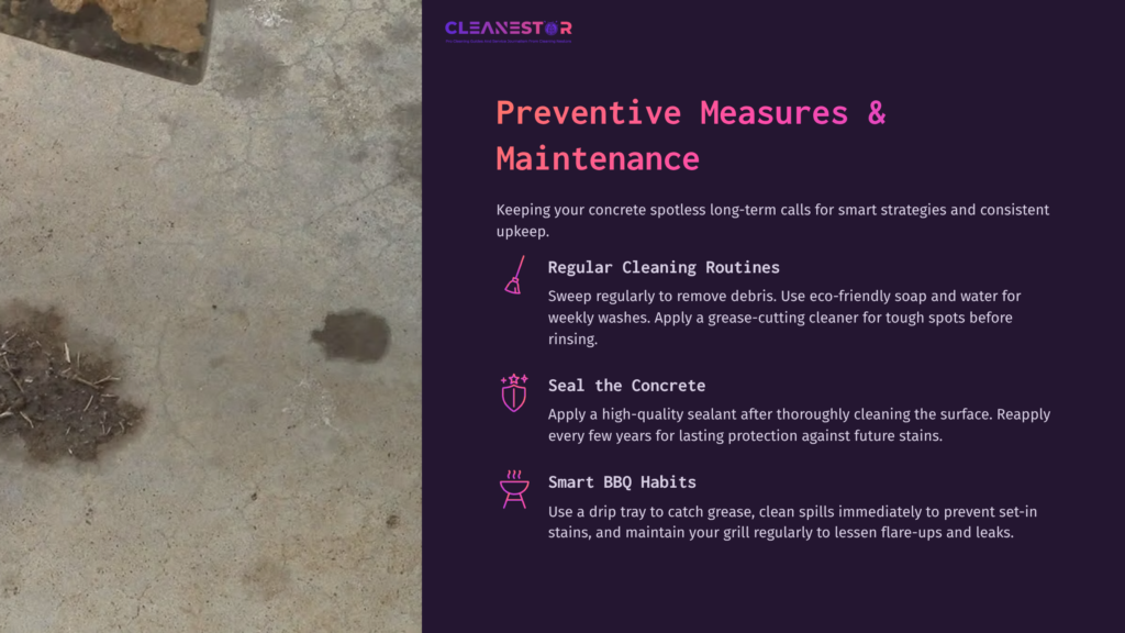 Light-Colored Concrete Surface With A Dark Grease Stain Near The Center, Accompanied By Text Emphasizing Cleaning Tips And Maintenance.