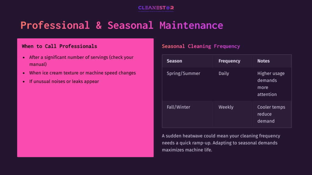 Bright Pink Box With Maintenance Advice For Ice Cream Machines, Listing Professional Help Criteria And Seasonal Cleaning Frequency.
