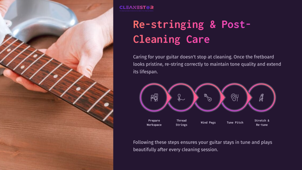 6 Re Stringing And Post Cleaning Care A Hand Holds A Guitar Neck With A Rosewood Fretboard. Below, Five Icons Illustrate Steps For Re-Stringing And Guitar Care.