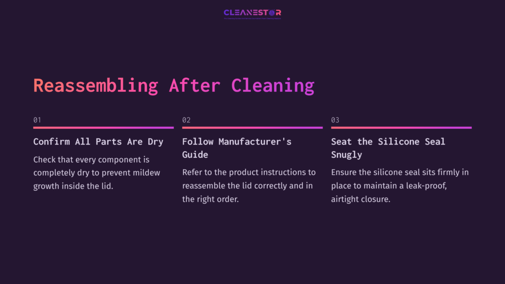 Instructions On Reassembling A Lid After Cleaning, With Steps Highlighted In White And Pink Text On A Dark Purple Background.