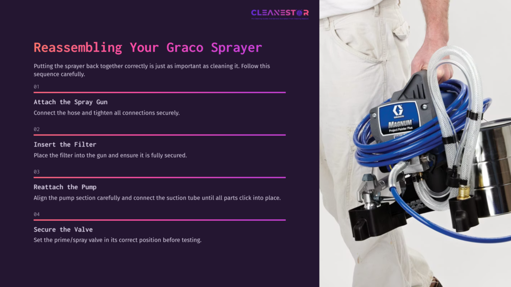 Close-Up Of A Person’s Lower Body Holding A Graco Magnum Project Painter Plus Sprayer With Blue Hoses, Showing The Connection Points Clearly.