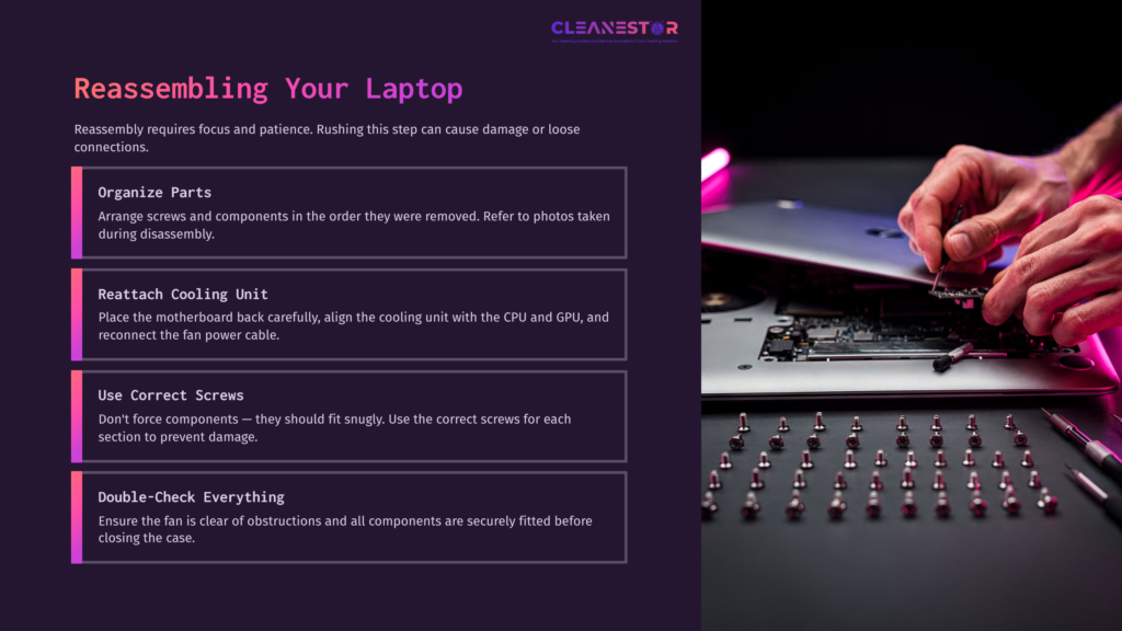 Close-Up Of A Laptop'S Internals With A Cooling Unit Being Reattached, Surrounded By Organized Components And Highlighted By Pink Lighting.