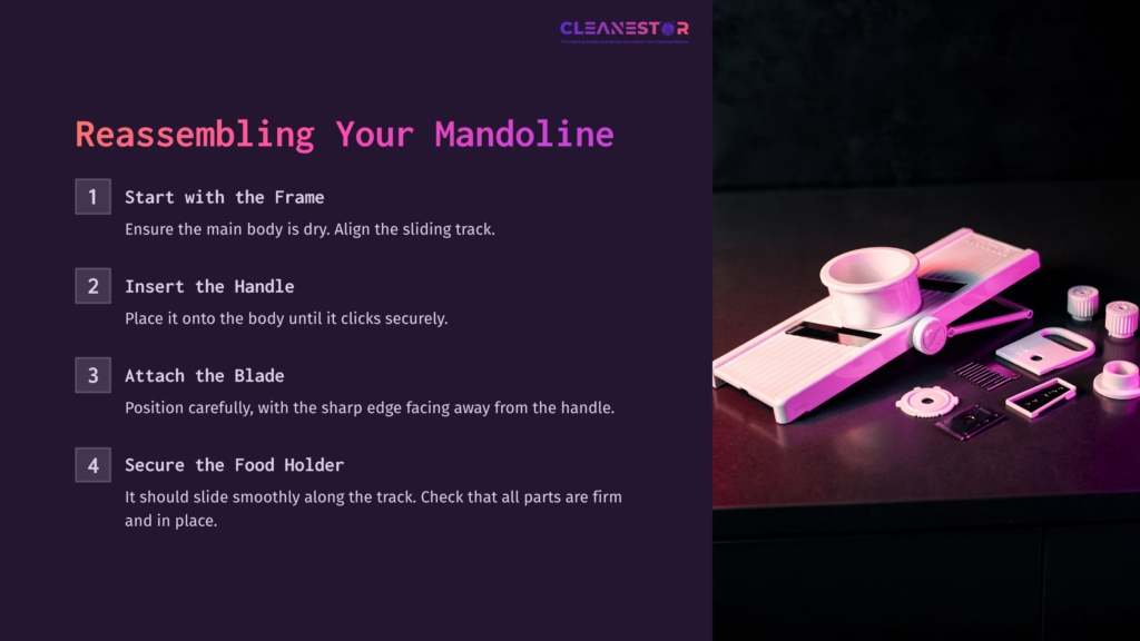 Instructions For Reassembling A Pampered Chef Mandoline, Featuring Numbered Steps With A Purple And Black Background, Showcasing The Mandoline Parts.