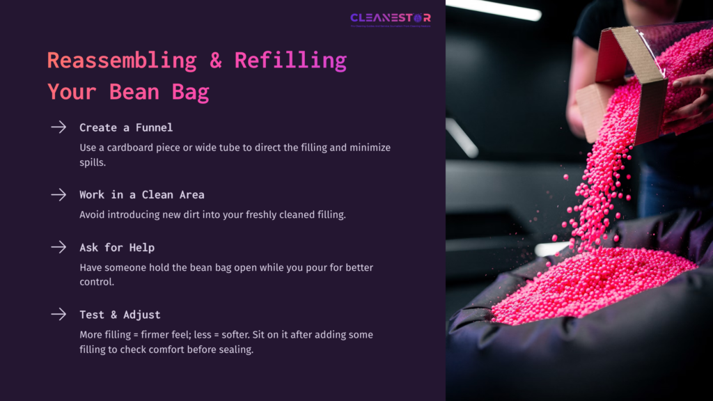 A Vibrant Pink Funnel Directing Bean Bag Filling Into A Black Bean Bag In A Clean Area With Tips For Reassembling And Refilling.
