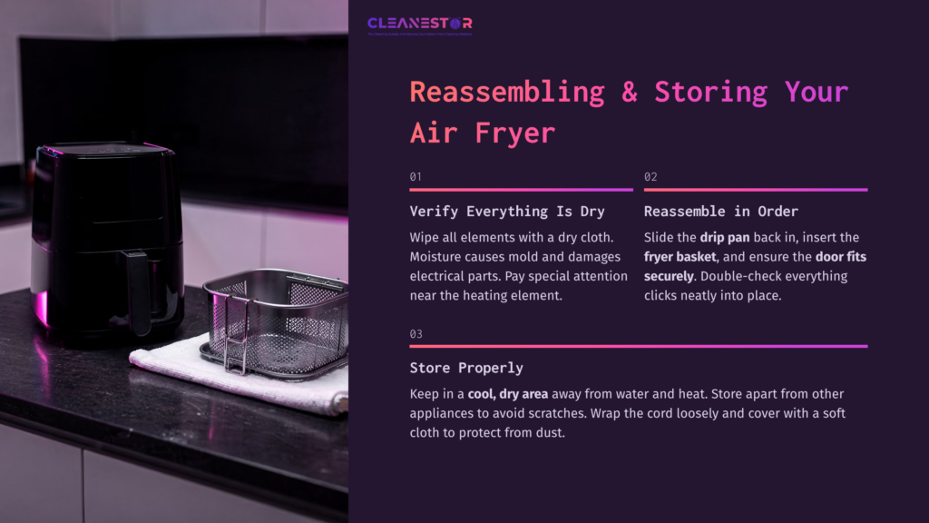 A Black Air Fryer On A Countertop, With A Silver Basket Beside It, Accompanied By Numbered Cleaning Instructions In Purple And White Text.