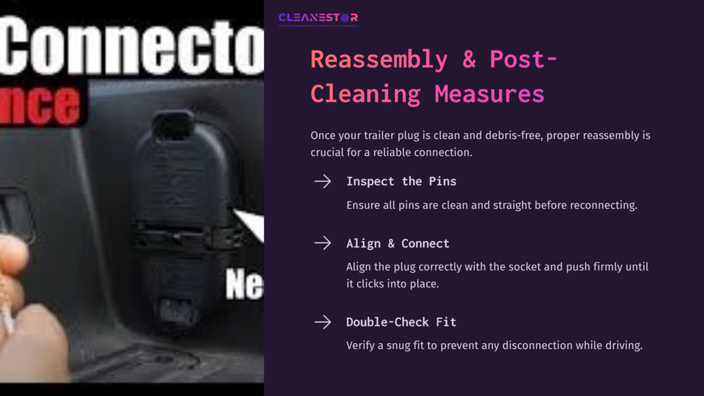 Close-Up Of A Trailer Connector On The Left; On The Right, Text With Cleaning And Reassembly Tips In Dark Purple And White Font.