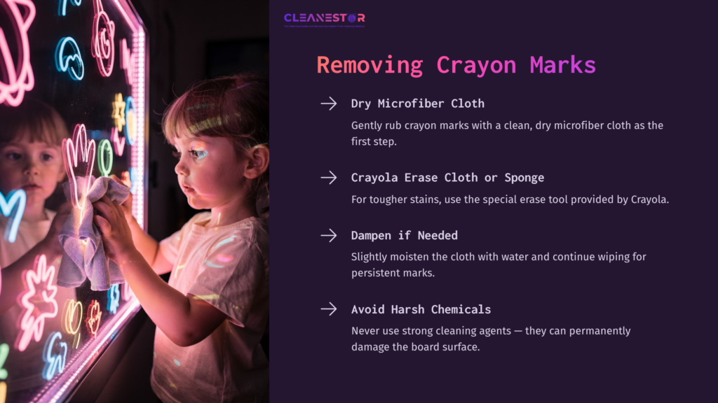 Child Using A Colorful Crayola Light-Up Board, With Neon Crayon Marks Visible. Text Outlines Cleaning Steps In White And Purple.