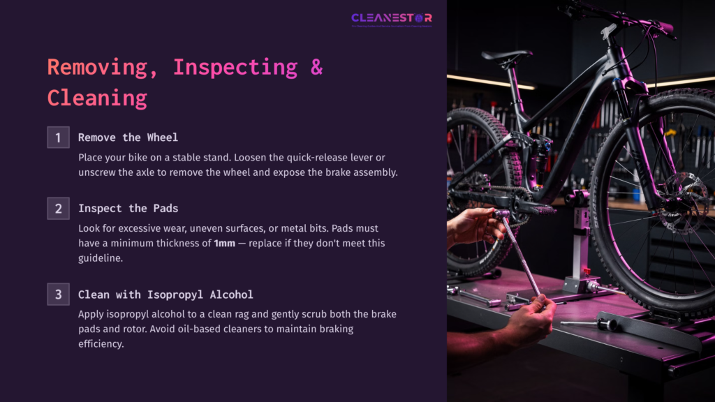 A Mechanic Inspects Mountain Bike Brake Pads On A Workbench, With A Bike In The Background And A Step-By-Step Cleaning Guide Visible.