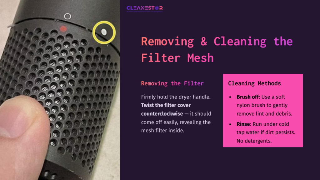 Dyson Hair Dryer Filter With A Highlighted Button For Removal, Alongside Cleaning Instructions In Pink And Purple Text.