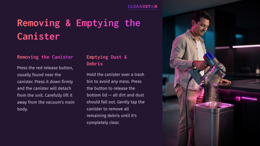 A Man Holds A Dyson V11 Canister Above A Trash Bin, Demonstrating How To Empty It. The Scene Is Brightly Lit With A Purple Accent.