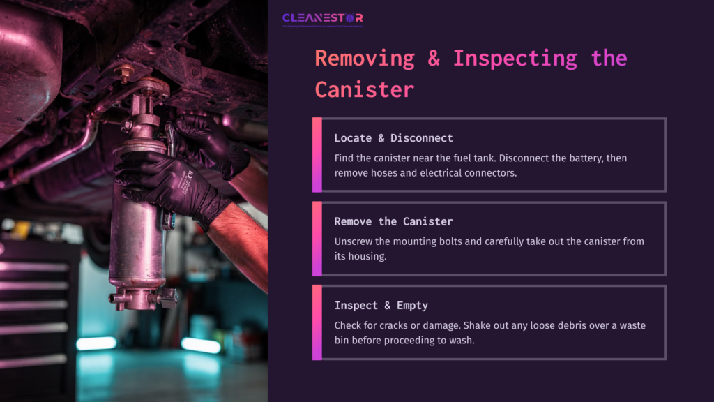 6 Removing And Inspecting The Canister A Mechanic Inspecting A Vapor Canister Under A Vehicle, With Highlighted Steps On Cleaning It, Set Against A Dark Background.