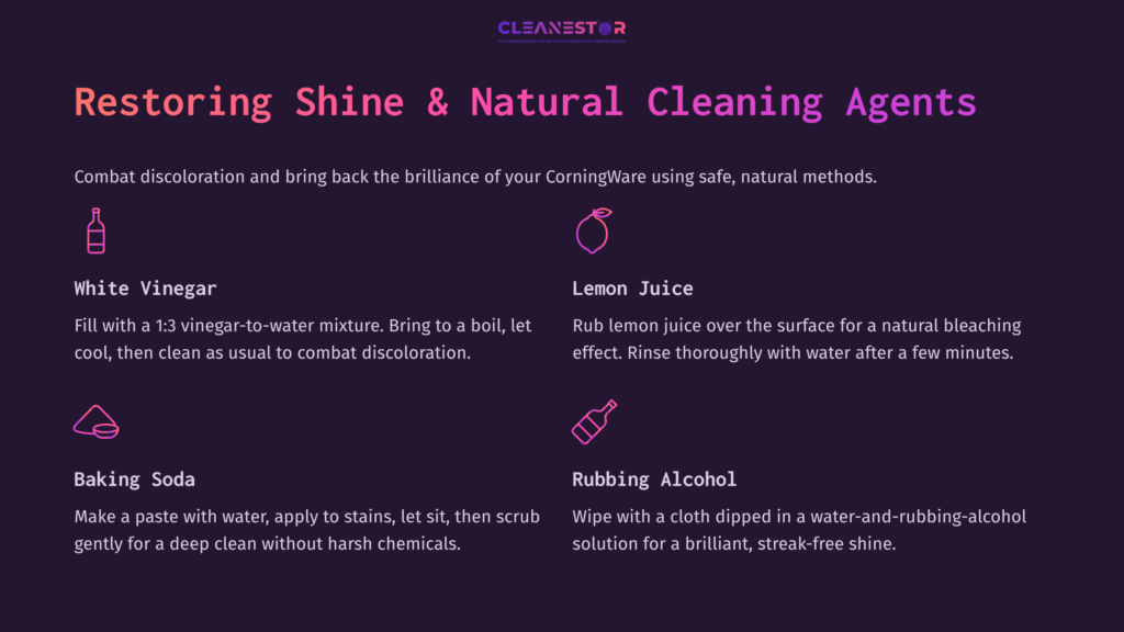 Text In Bold Headers On A Dark Background Detailing Natural Cleaning Methods For Corningware, Including Vinegar, Lemon Juice, Baking Soda, And Rubbing Alcohol.