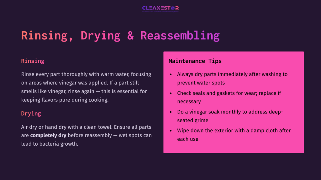 Instructions On Cleaning A Ninja Foodi, Featuring Text On Rinsing And Drying Parts, And Maintenance Tips In Vibrant Purple And Pink Layout.