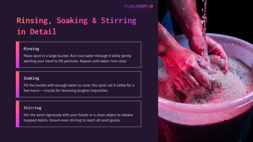 6 Rinsing Soaking And Stirring In Detail Hands Immersed In A Bucket Of Wet Sand, Demonstrating Rinsing And Soaking Techniques. Text Outlines Steps For Cleaning Aquarium Sand.