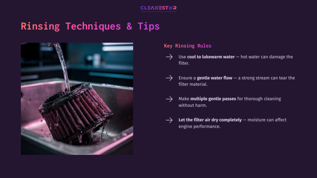 Close-Up Of A K&Amp;N Air Filter In A Sink Filled With Water, With Tips On Rinsing Methods Displayed In Purple Text Beside It.