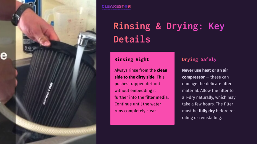 6 Rinsing And Drying Key Details A Hand Rinses A Black Spectre Air Filter Under Running Water, With Instructions On Rinsing And Drying Techniques Beside It.