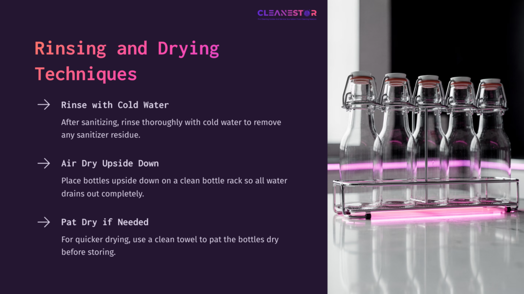 Clear Glass Flip-Top Bottles On A Bottle Rack With A Pink Glow, Alongside Instructions For Rinsing And Drying Techniques.