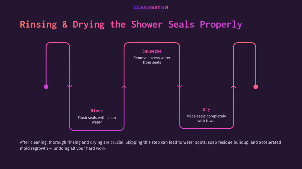 6 Rinsing And Drying The Shower Seals Properly Graphic Guide On Cleaning Shower Door Seals, Featuring Steps To Rinse And Dry, With Arrows And Key Tips In Pink And White Text Against A Purple Background.