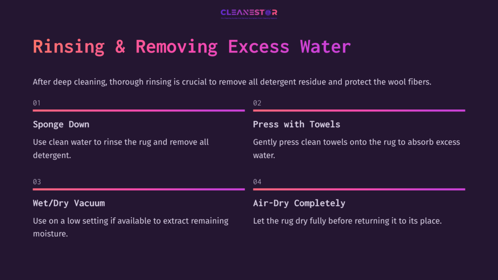 Instructions For Cleaning A Hand-Knotted Wool Rug, Featuring Steps In Purple Text On A Dark Background, With Sections On Rinsing And Drying.