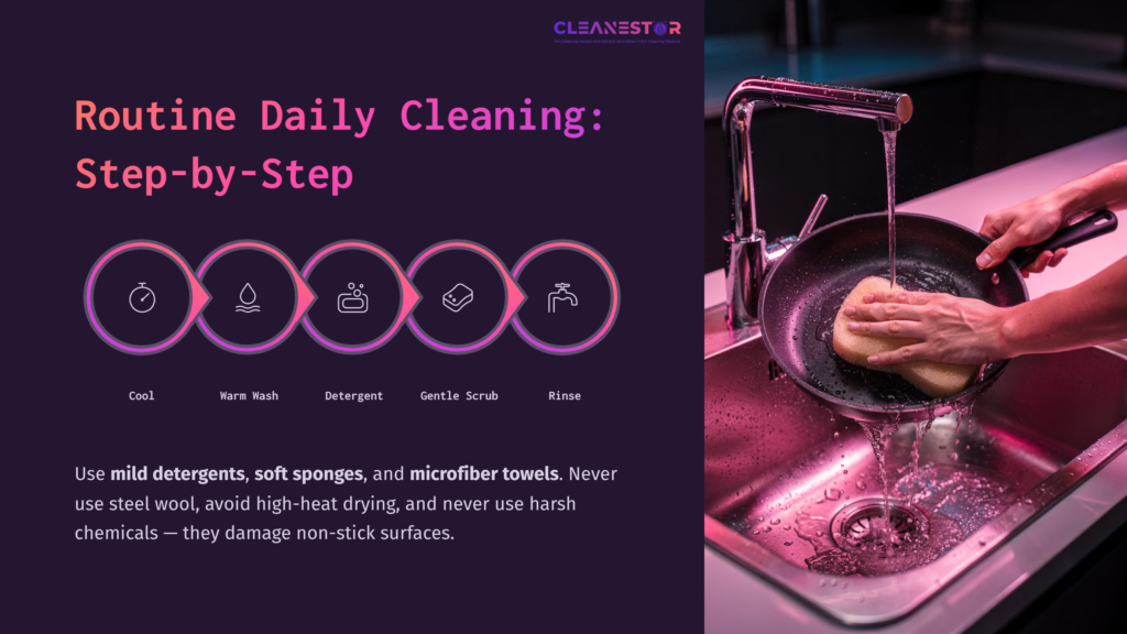 A Hand Using A Sponge To Scrub A Black Frying Pan In A Sink, With Icons Illustrating Cleaning Steps And Tips On A Purple Background.