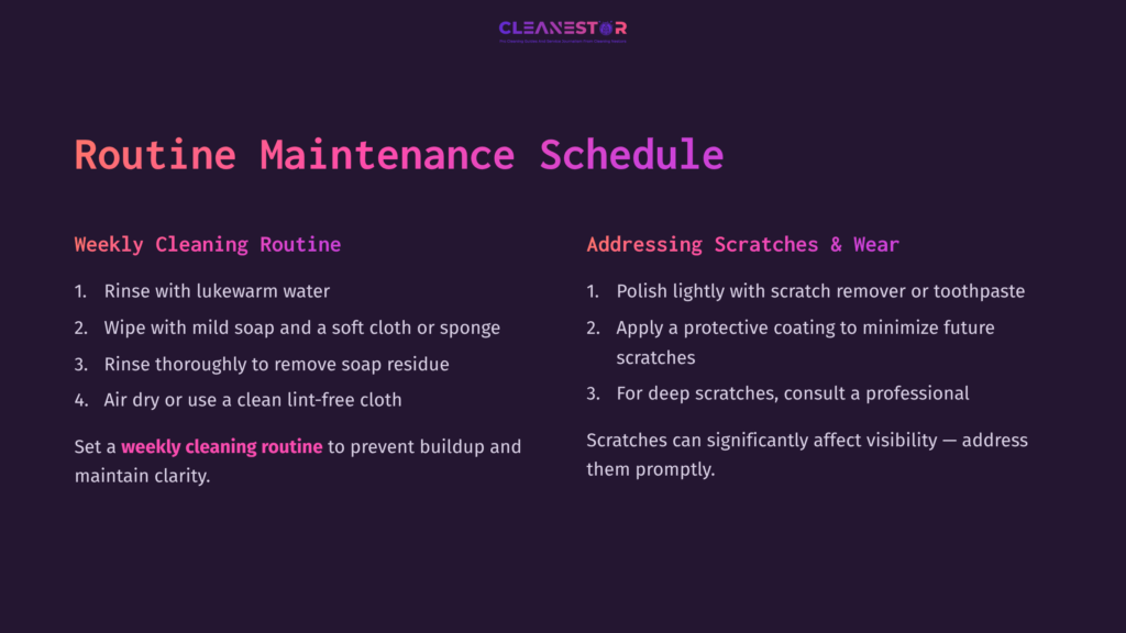Routine Maintenance Schedule For Cleaning Face Shields, Featuring A Weekly Cleaning Routine List And Tips For Addressing Scratches On A Dark Purple Background.