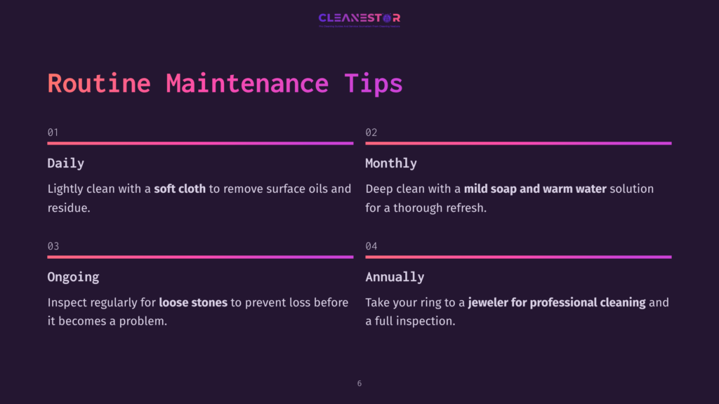 Text Graphic Featuring Maintenance Tips For Jewelry: Daily, Monthly, Ongoing, And Annual Care. Background In Dark Purple With Pink Accents.
