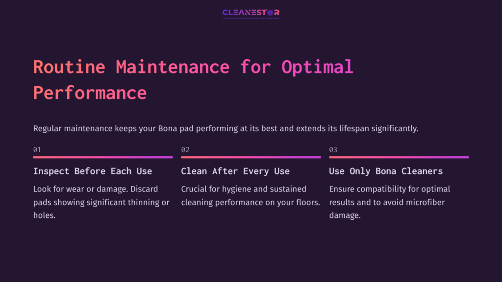 6 Routine Maintenance For Optimal Performance Text On A Dark Purple Background Outlines Maintenance Tips For Bona Pads, Highlighting Inspection, Cleaning, And Using Specific Cleaners.