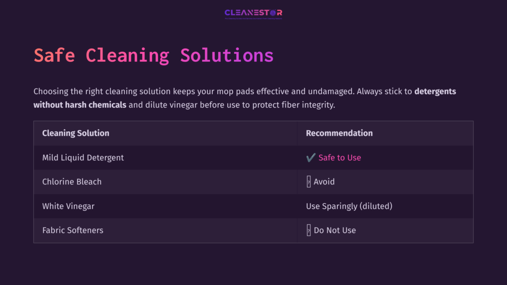 Table Displaying Safe Cleaning Solutions For Irobot Mop Pads, With Recommendations For Mild Detergent, Chlorine Bleach, White Vinegar, And Fabric Softeners.