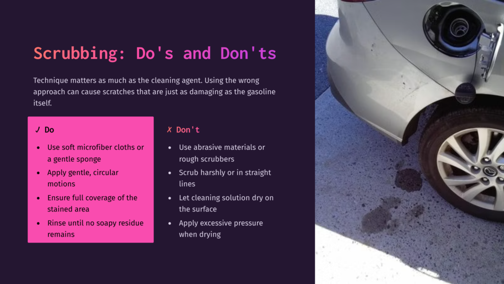 Graphic Illustrating Scrubbing Tips For Removing Gasoline From Car Paint, Featuring A Car With A Fuel Cap, Do'S In Green, And Don'Ts In Red.