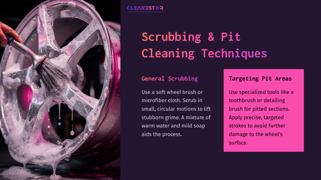 Close-Up Of A Cleaning Brush Scrubbing A Pitted Aluminum Wheel, With Pink And Purple Text Boxes Detailing Cleaning Techniques.