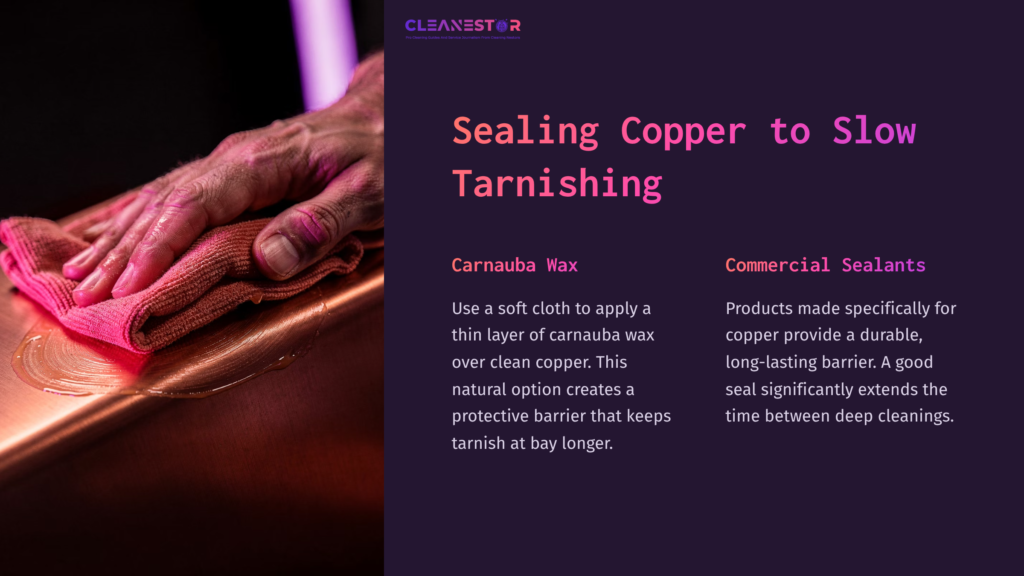 A Close-Up Of A Hand Applying Carnauba Wax With A Cloth To A Copper Surface, Featuring Contrasting Text About Sealing Copper.