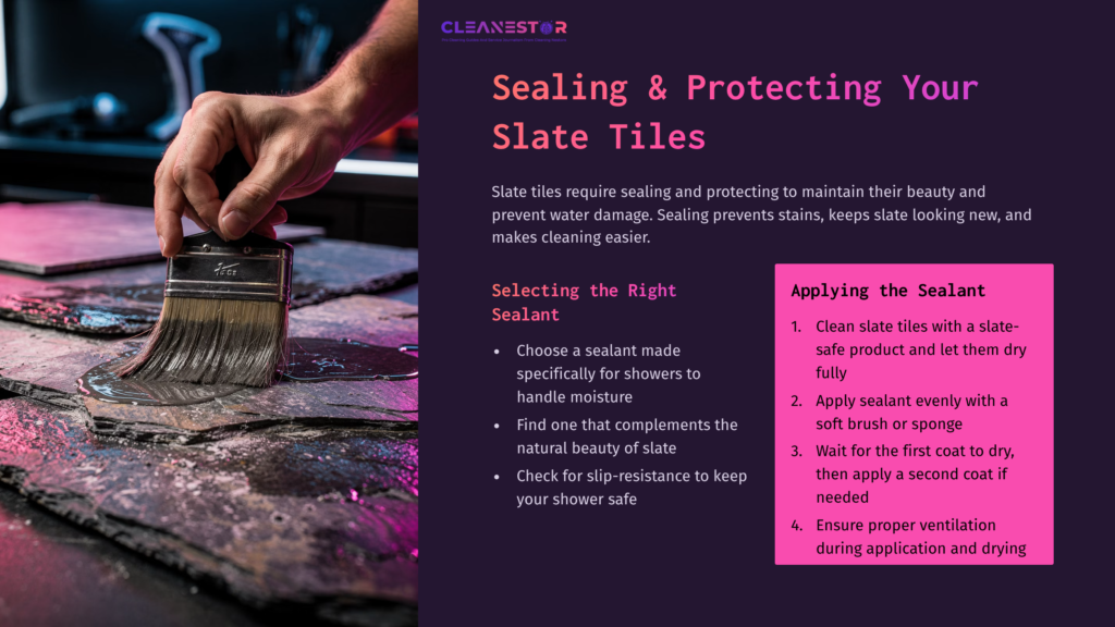 6 Sealing And Protecting Your Slate Tiles A Paintbrush Applying Sealant To Slate Tiles, With Purple And Pink Text Highlighting Instructions On Sealing And Protecting Tiles.