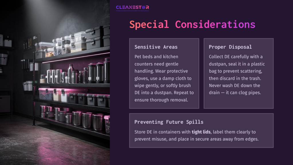 A Well-Organized Storage Area With Various Containers On Shelves, Emphasizing Cleaning Tools And Proper Disposal Methods For Diatomaceous Earth.